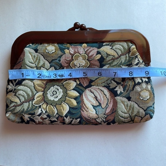 VTG Cottagecore Clutch Woven Jacquard Tapestry Purse Floral Mauve Bag Kiss 90s - Picture 13 of 14